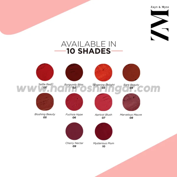 Zayn & Myza Transfer-Proof Power Matte Lipstick - 10 Shades