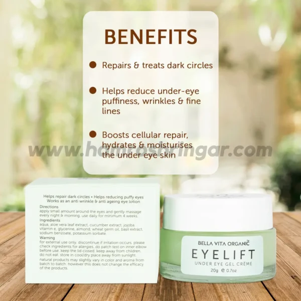 Bella Vita Organic Eye Lift Under Eye Gel Cream for Dark Circles, Puffy Eyes, Wrinkles & Fine Lines - Benefits