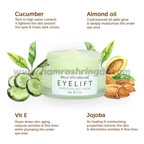 Bella Vita Organic Eye Lift Under Eye Gel Cream for Dark Circles, Puffy Eyes, Wrinkles & Fine Lines - Ingredients
