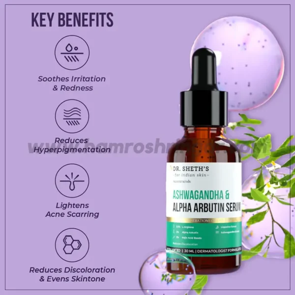 Dr. Sheth's Ashwagandha & 2% Alpha Arbutin Serum with 2.5% L-Arginine, Licorice Extracts, Vitamin C and 2% Kojic Acid Beads for Even Toned and Radiant Skin - Key Benefits