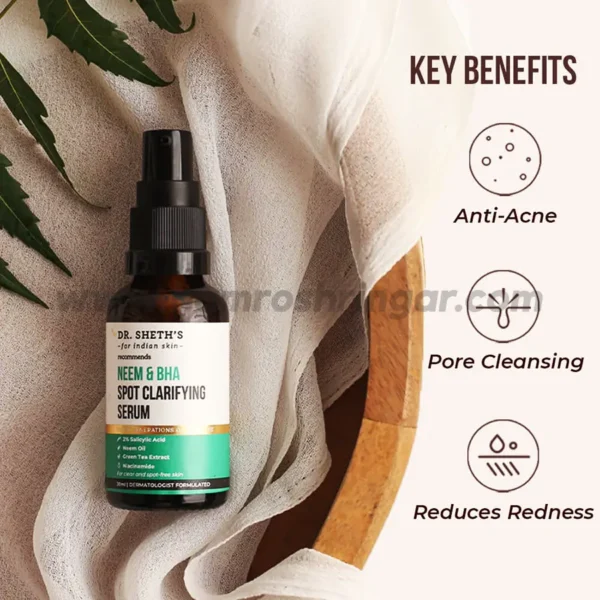Dr. Sheth's Neem & BHA Spot Clarifying Serum with 2% Salicylic Acid, Niacinamide, Tea Tree Oil - Pore Cleansing & Anti Acne - Key Benefits