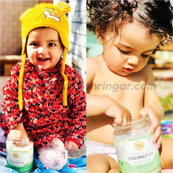 Baby Playing with Naturo Earth Organic Cold Pressed Extra Virgin Coconut Oil with Algae