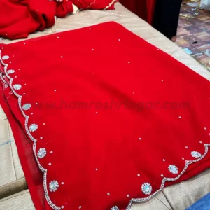 Handmade Chiffon Saree with Blouse Piece and Belt (Red Colour) - 5.5 m