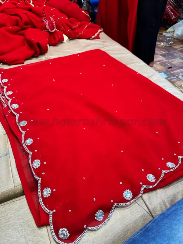 Handmade Chiffon Saree with Blouse Piece and Belt (Red Colour) - 5.5 m