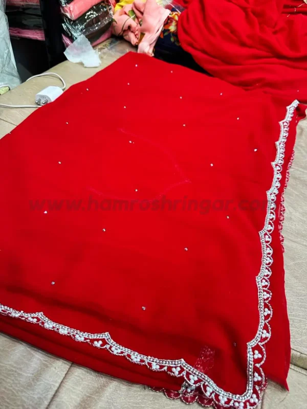 Handmade Chiffon Saree with Blouse Piece and Belt (Red Colour)