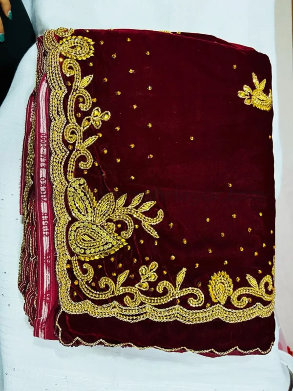 Red Velvet Hand Work Saree with Heavy Blouse - 5.5 m