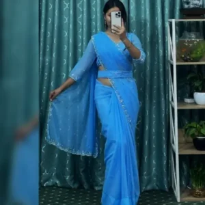 Featured image for “Handmade Chiffon Saree with Blouse Piece and Belt (Sky Blue Colour) - 5.5 m”